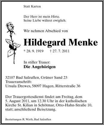 Anzeige  Hildegard Menke  Lippische Landes-Zeitung