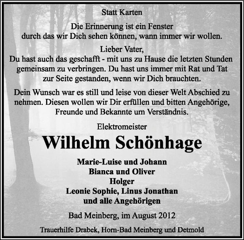  Traueranzeige für Wilhelm Schönhage vom 01.09.2012 aus Lippische Landes-Zeitung