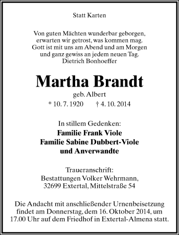 Anzeige  Martha Brandt  Lippische Landes-Zeitung