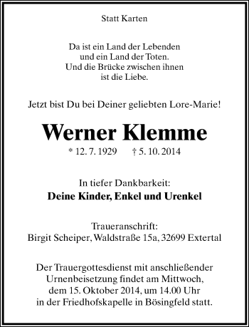 Anzeige  Werner Klemme  Lippische Landes-Zeitung