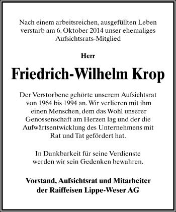 Anzeige  Friedrich-Wilhelm Krop  Lippische Landes-Zeitung