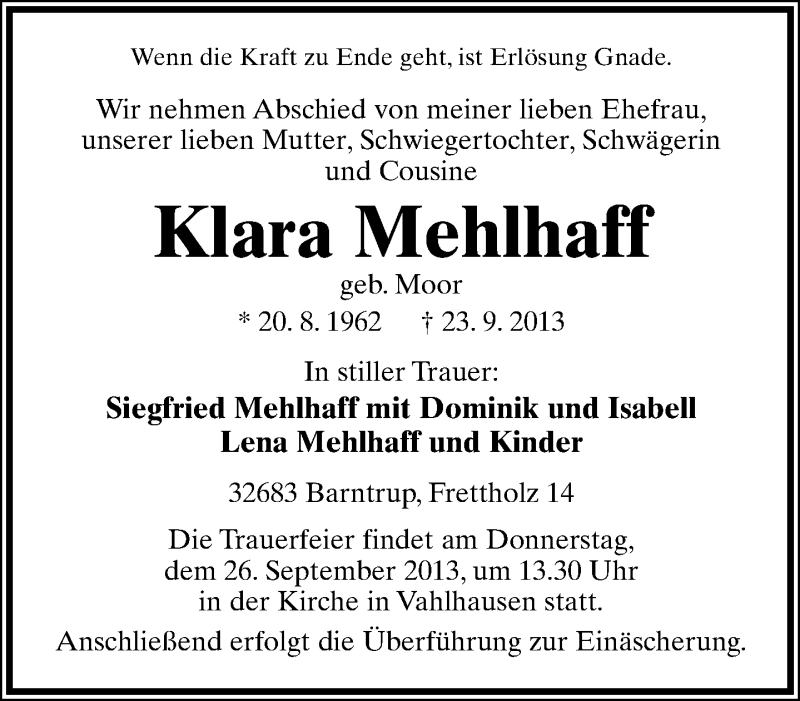 Traueranzeige für Klara Mehlhaff vom 25.09.2013 aus Lippische Landes-Zeitung