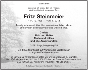 Anzeige  Fritz Steinmeier  Lippische Landes-Zeitung