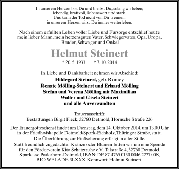 Anzeige  Helmut Steinert  Lippische Landes-Zeitung