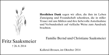 Anzeige  Fritz Saaksmeier  Lippische Landes-Zeitung