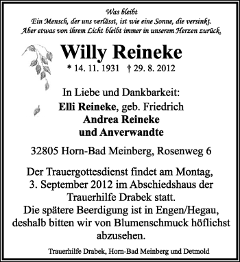 Anzeige  Willy Reineke  Lippische Landes-Zeitung