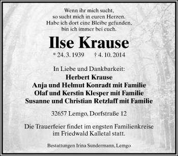 Anzeige  Ilse Krause  Lippische Landes-Zeitung