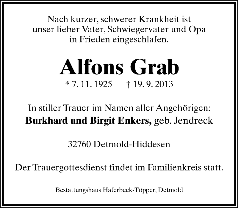  Traueranzeige für Alfons Grab vom 28.09.2013 aus Lippische Landes-Zeitung