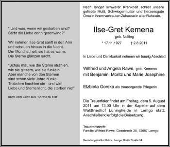 Anzeige  Ilse-Gret Kemena  Lippische Landes-Zeitung