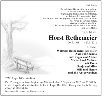 Anzeige  Horst Rethemeier  Lippische Landes-Zeitung