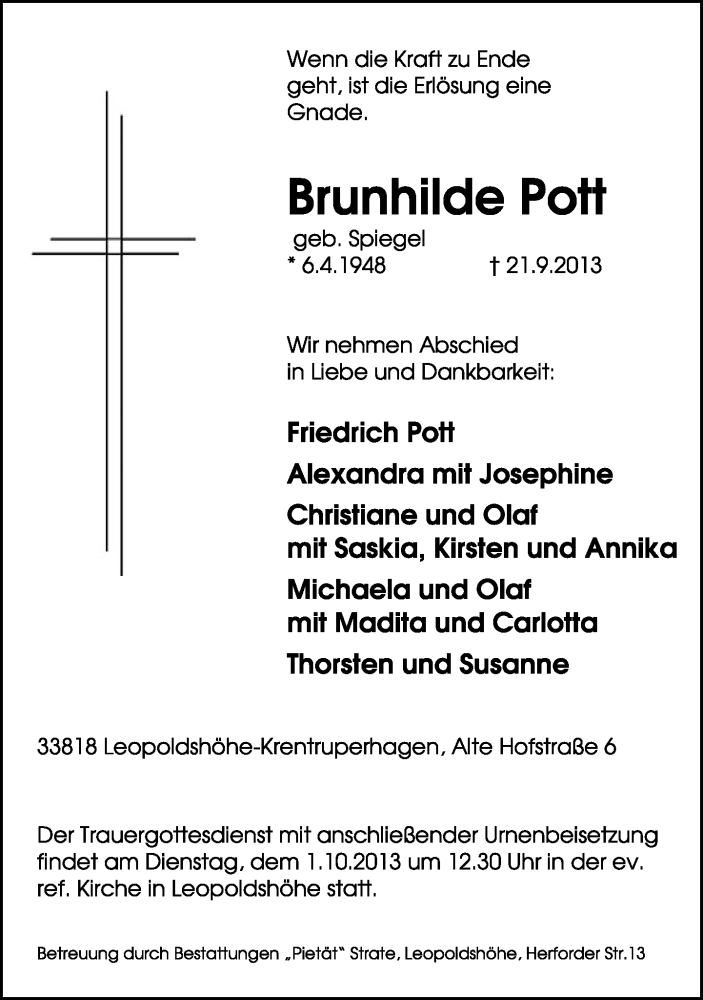  Traueranzeige für Brunhilde Pott vom 26.09.2013 aus Lippische Landes-Zeitung