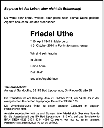 Anzeige  Friedel Uthe  Lippische Landes-Zeitung