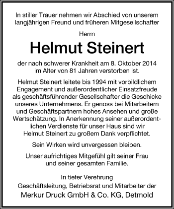 Anzeige  Helmut Steinert  Lippische Landes-Zeitung