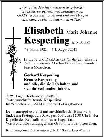 Anzeige  Elisabeth Marie Johanne Kesperling  Lippische Landes-Zeitung