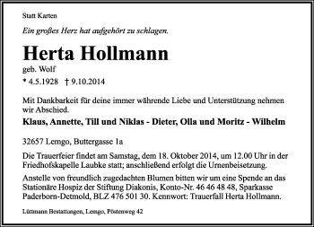 Anzeige  Herta Hollmann  Lippische Landes-Zeitung