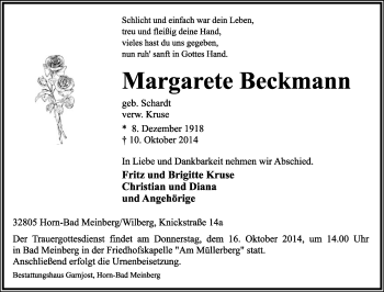 Anzeige  Margarete Beckmann  Lippische Landes-Zeitung