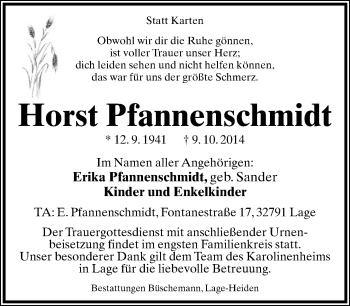 Anzeige  Horst Pfannenschmidt  Lippische Landes-Zeitung