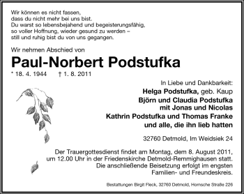 Anzeige  Paul-Norbert Podstufka  Lippische Landes-Zeitung
