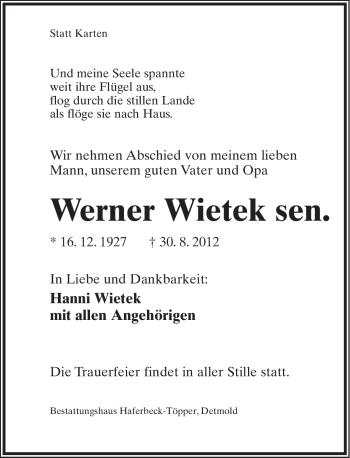 Anzeige  Werner Wietek  Lippische Landes-Zeitung