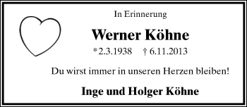 Anzeige  Werner Köhne  Lippische Landes-Zeitung