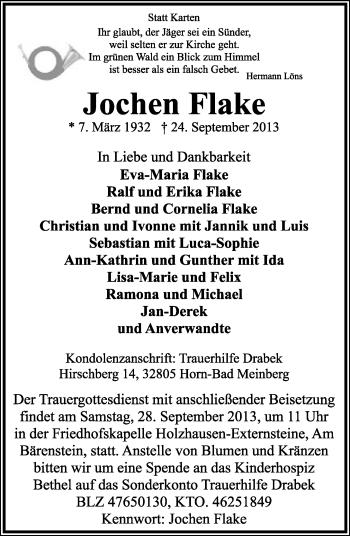 Anzeige  Jochen Flake  Lippische Landes-Zeitung