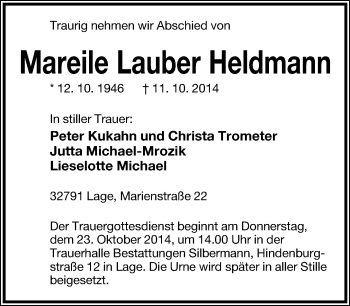 Anzeige  Mareile  Lauber Heldmann  Lippische Landes-Zeitung