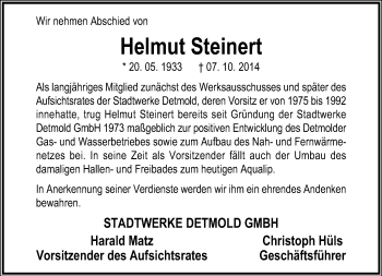 Anzeige  Helmut Steinert  Lippische Landes-Zeitung