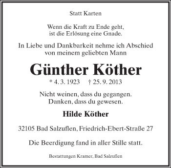 Anzeige  Günther Köther  Lippische Landes-Zeitung