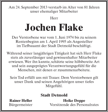 Anzeige  Jochen Flake  Lippische Landes-Zeitung