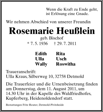 Anzeige  Rosemarie Heußlein  Lippische Landes-Zeitung
