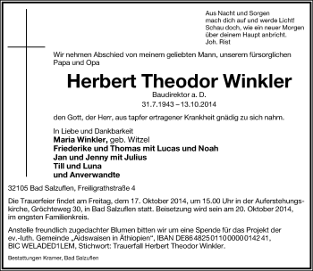 Anzeige  Herbert Theodor Winkler  Lippische Landes-Zeitung