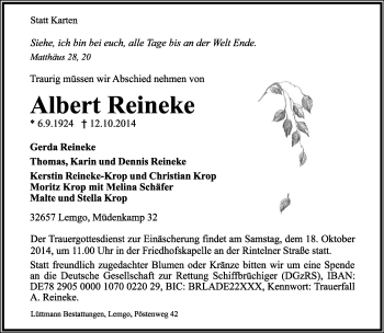 Anzeige  Albert Reineke  Lippische Landes-Zeitung