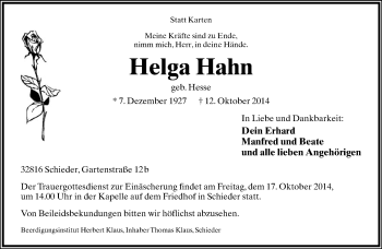 Anzeige  Helga Hahn  Lippische Landes-Zeitung