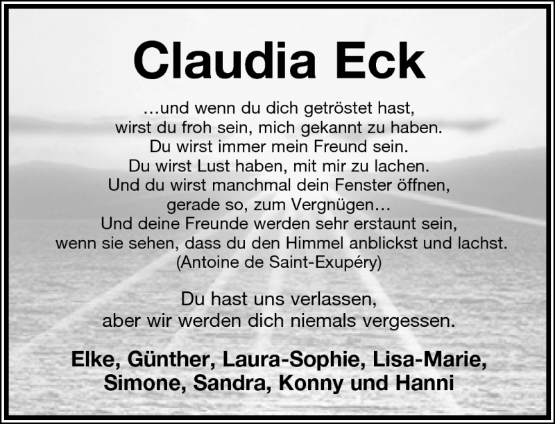  Traueranzeige für Claudia Eck vom 06.08.2011 aus Lippische Landes-Zeitung