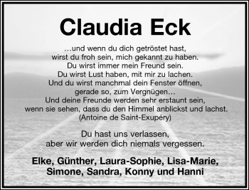 Anzeige  Claudia Eck  Lippische Landes-Zeitung
