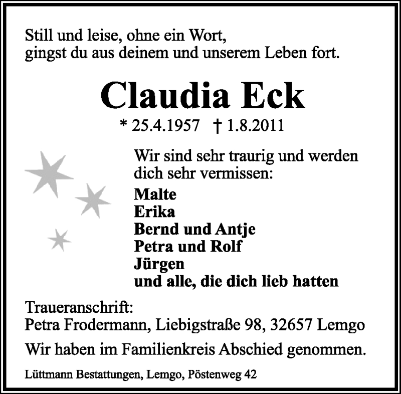  Traueranzeige für Claudia Eck vom 06.08.2011 aus Lippische Landes-Zeitung