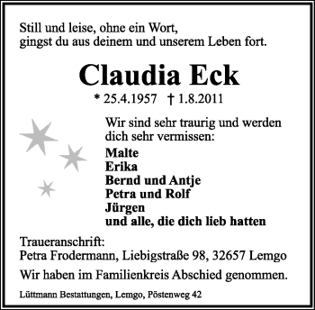 Anzeige  Claudia Eck  Lippische Landes-Zeitung