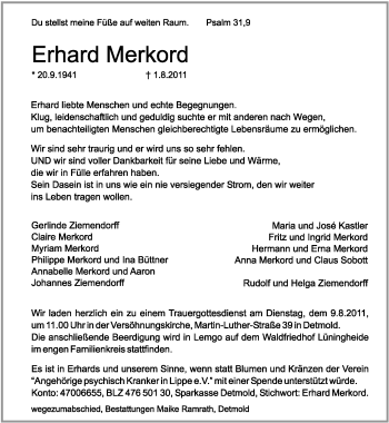 Anzeige  Erhard Merkord  Lippische Landes-Zeitung