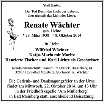 Anzeige  Renate Wächter  Lippische Landes-Zeitung