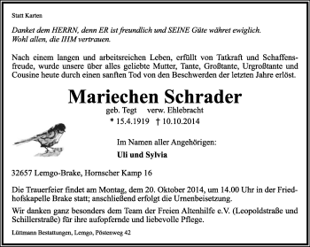 Anzeige  Marie Schrader  Lippische Landes-Zeitung