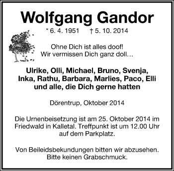 Anzeige  Wolfgang Gandor  Lippische Landes-Zeitung