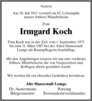 Anzeige  Irmgard Koch  Lippische Landes-Zeitung