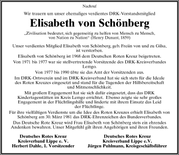 Anzeige  Elisabeth von Schönberg  Lippische Landes-Zeitung