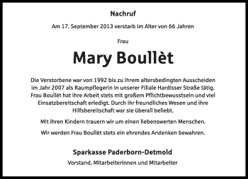 Anzeige  Mary Boullèt  Lippische Landes-Zeitung