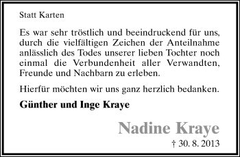 Anzeige  Nadine Kraye  Lippische Landes-Zeitung