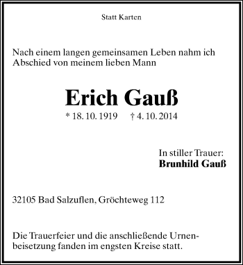 Anzeige  Erich Gauß  Lippische Landes-Zeitung
