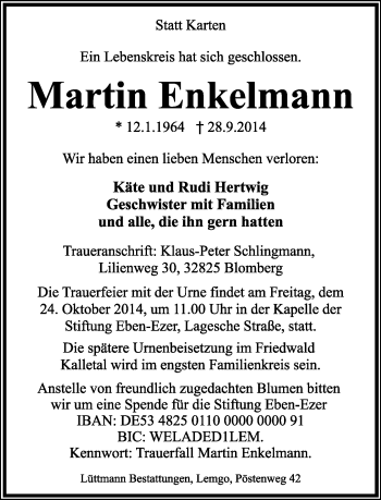 Anzeige  Martin Enkelmann  Lippische Landes-Zeitung