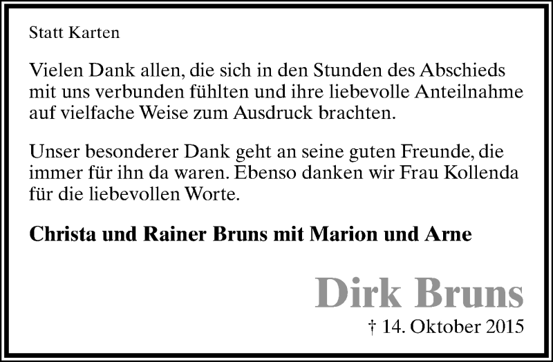  Traueranzeige für Dirk Bruns vom 07.11.2015 aus Lippische Landes-Zeitung