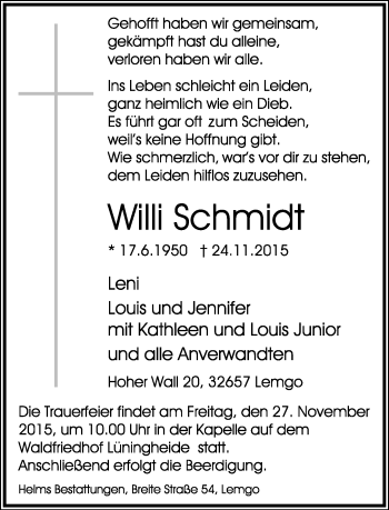 Anzeige  Willi Schmidt  Lippische Landes-Zeitung
