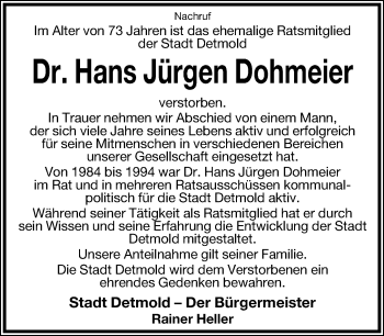 Anzeige  Hans Jürgen Dohmeier  Lippische Landes-Zeitung
